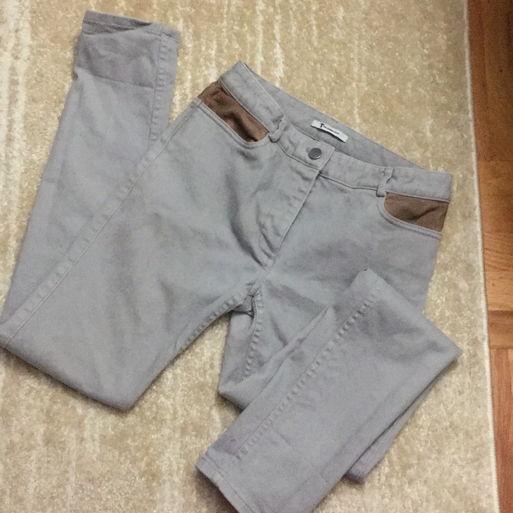 T by Alexander Wang brown leather trim grey jeans